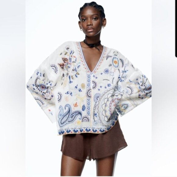 Liv Los Angeles Top Large White Embroidered Boho Floral Turtles Birds - Picture 2 of 12